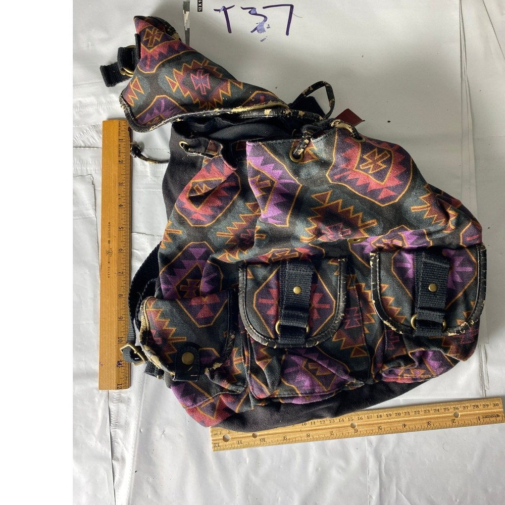 Aztec Print Backpack Black Canvas Drawstring Adjustable Straps